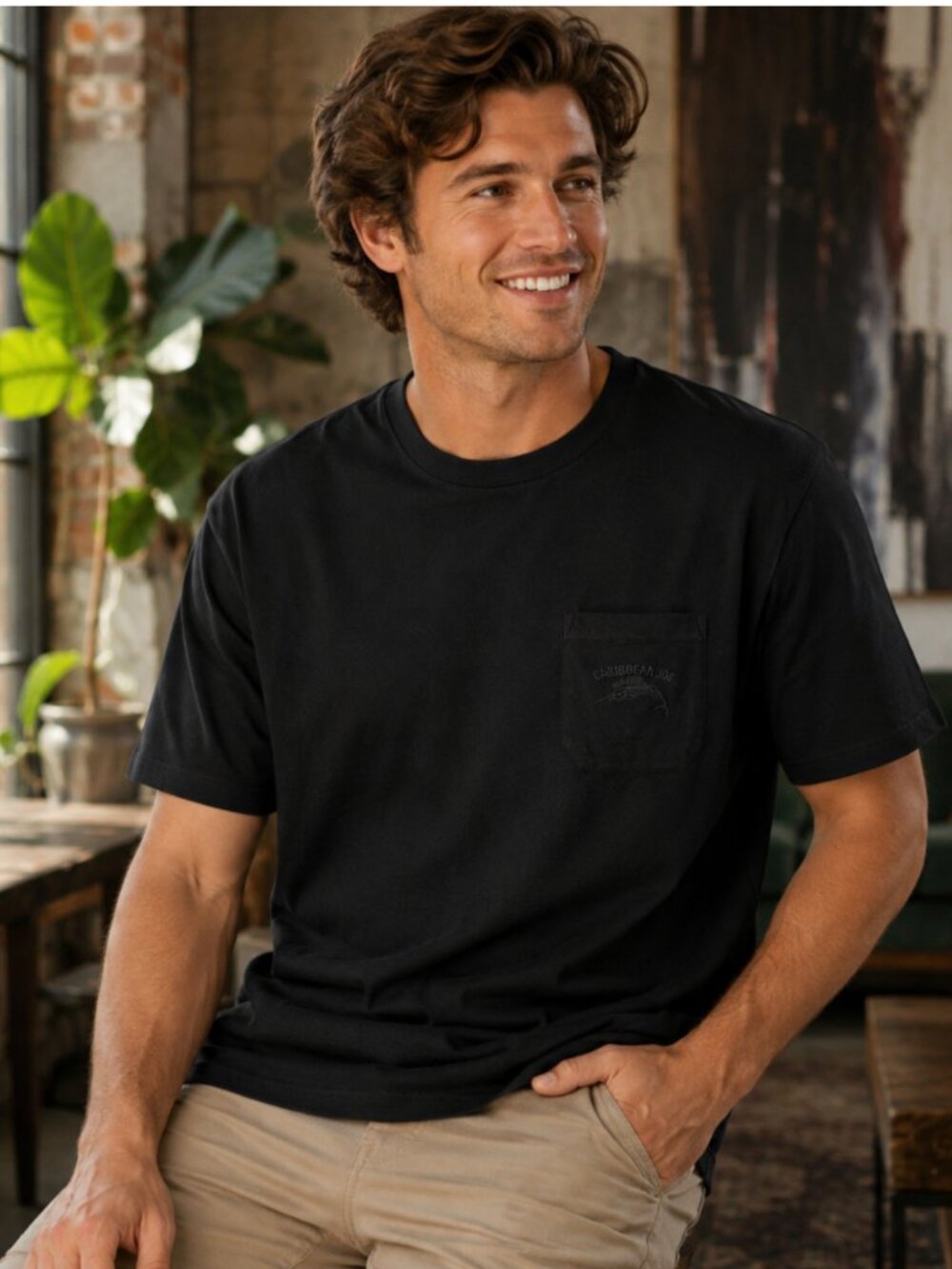 Caribbean Joe Black Pocket Tee Shirt Large Logo Casual Essential
